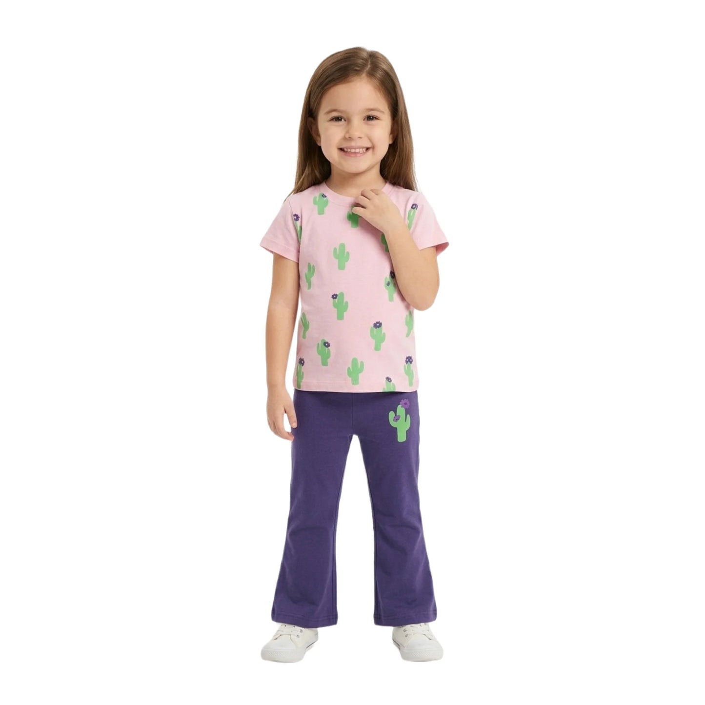 Half-Sleeve Girls Pink & Purple Cactus Print Tee & Flare Pants 2-Piece Outfit