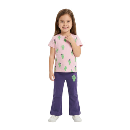 Half-Sleeve Girls Pink & Purple Cactus Print Tee & Flare Pants 2-Piece Outfit