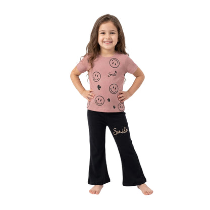 Half-Sleeve Dusty Rose Smile Graphics & Matching Black Trousers 2-Piece Outfit