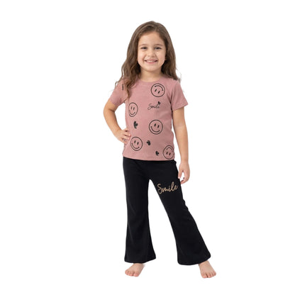 Half-Sleeve Dusty Rose Smile Graphics & Matching Black Trousers 2-Piece Outfit
