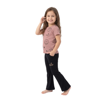 Half-Sleeve Dusty Rose Smile Graphics & Matching Black Trousers 2-Piece Outfit