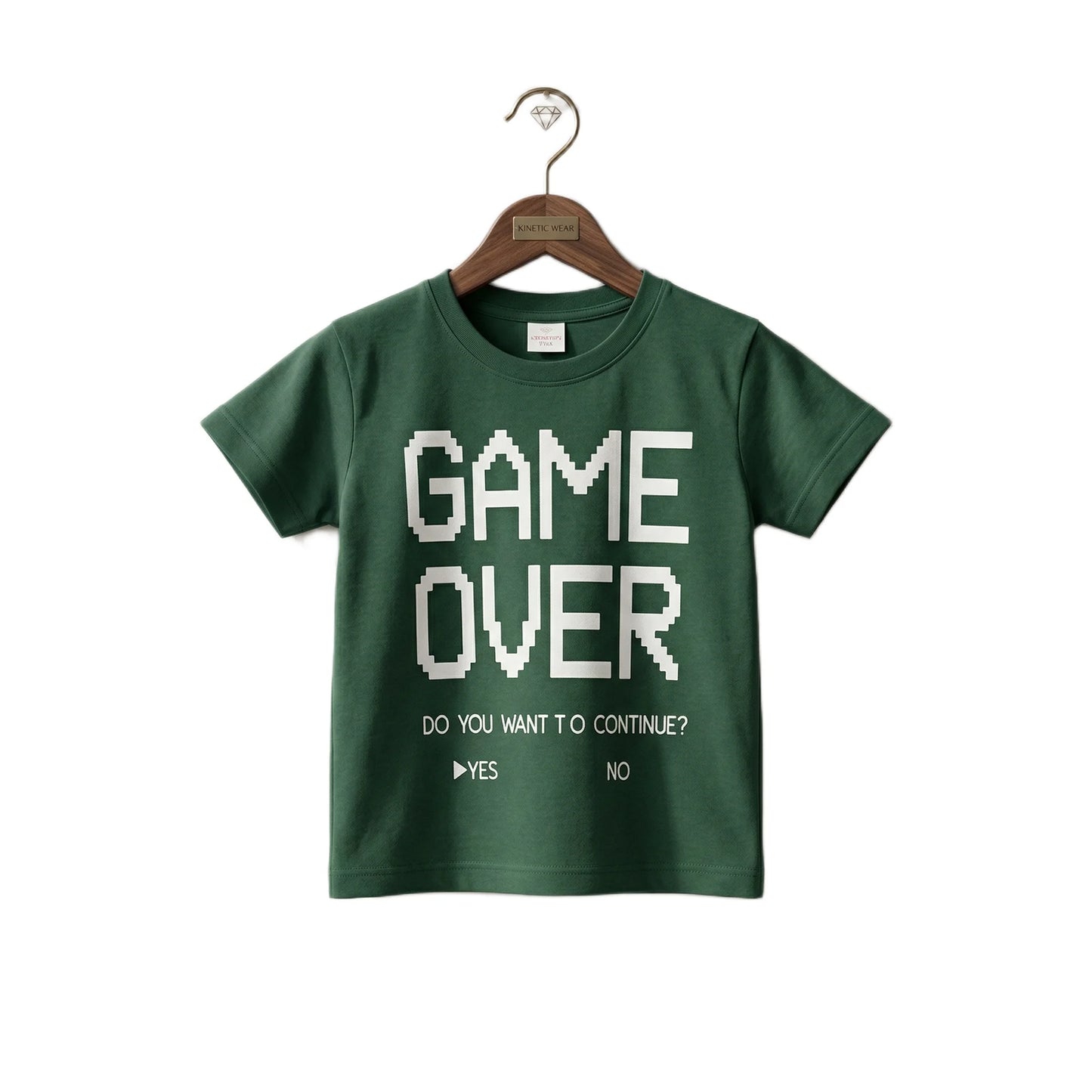 Boys Forest Green Game Over Pixel Graphic T-Shirt | Soft Cotton Crew Neck Gaming Tee for Kids