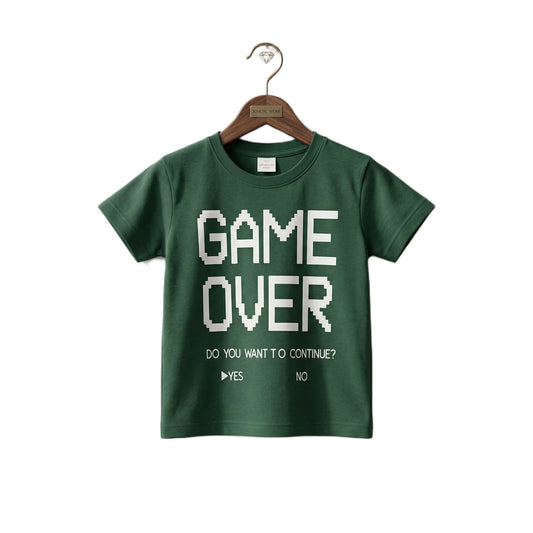 Boys Forest Green Game Over Pixel Graphic T-Shirt | Soft Cotton Crew Neck Gaming Tee for Kids
