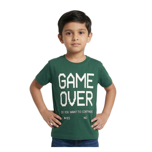 Boys Forest Green Game Over Pixel Graphic T-Shirt | Soft Cotton Crew Neck Gaming Tee for Kids
