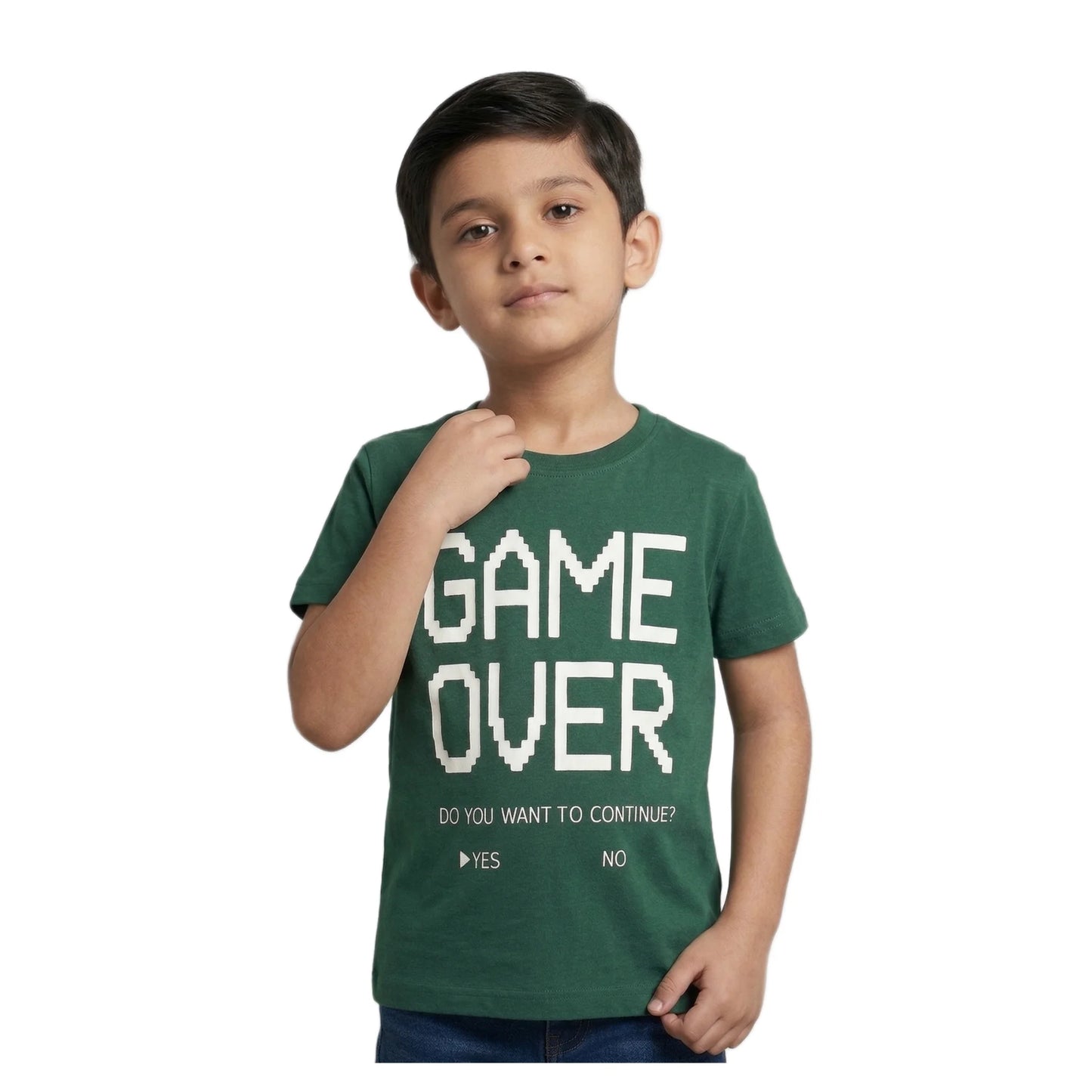 Boys Forest Green Game Over Pixel Graphic T-Shirt | Soft Cotton Crew Neck Gaming Tee for Kids