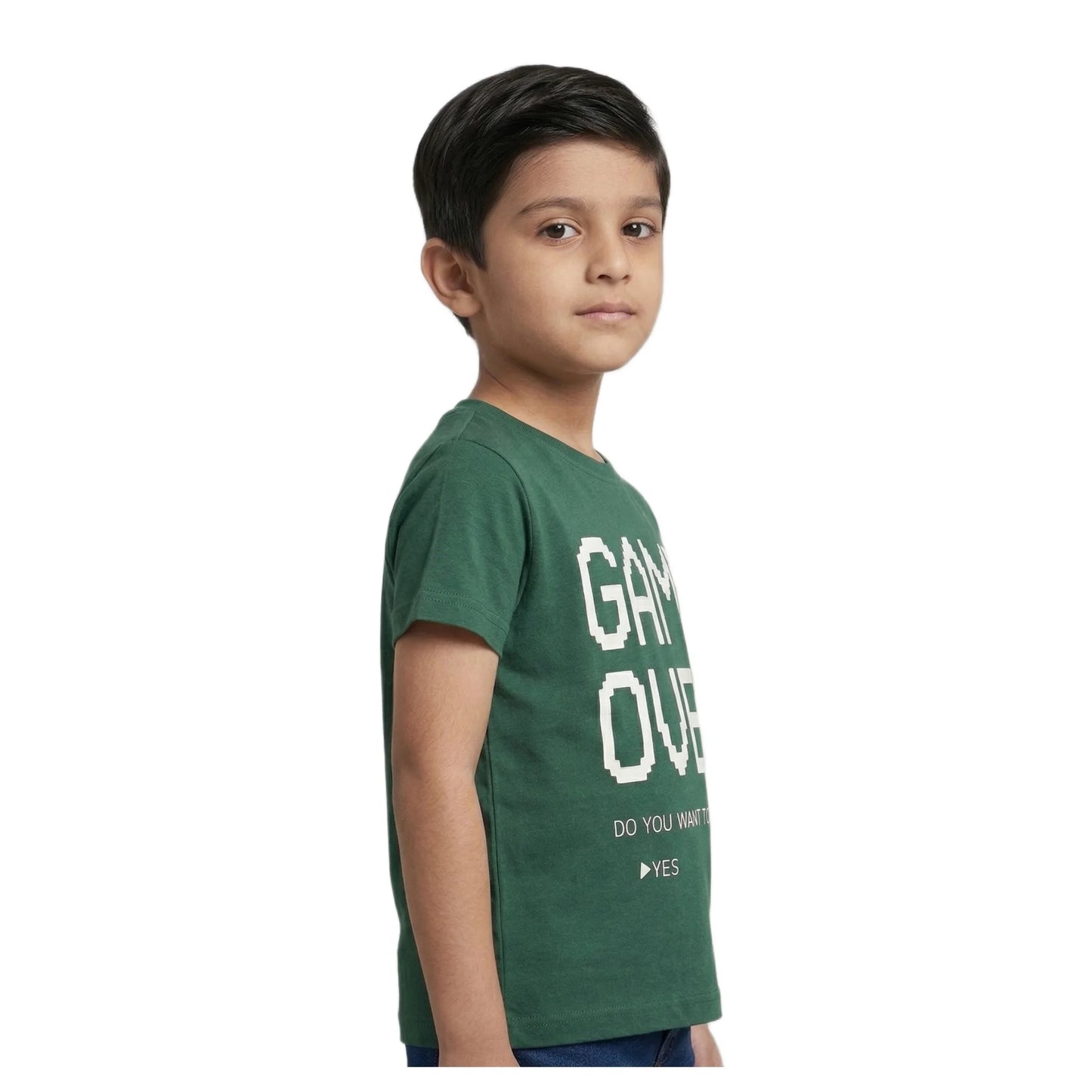 Boys Forest Green Game Over Pixel Graphic T-Shirt | Soft Cotton Crew Neck Gaming Tee for Kids