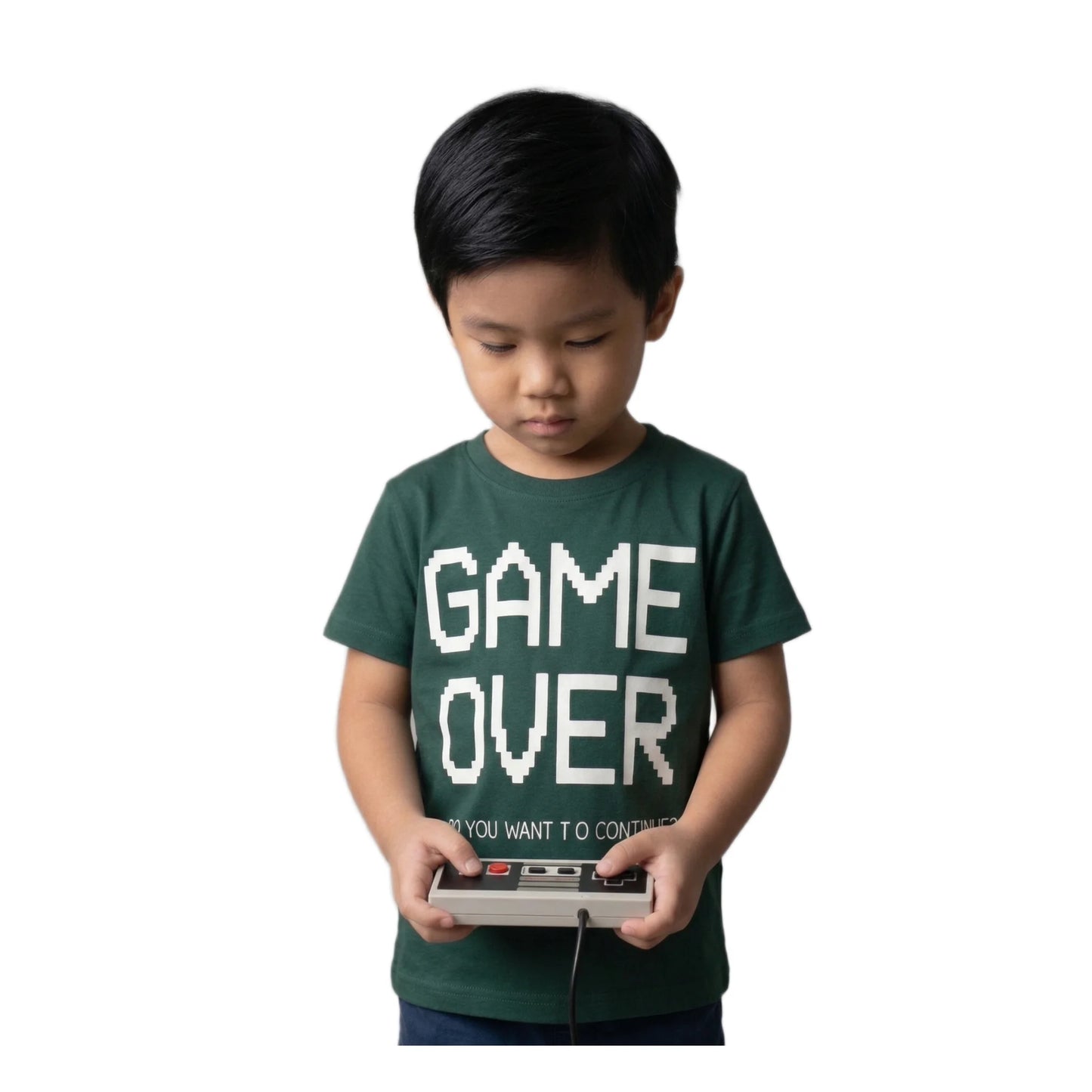 Boys Forest Green Game Over Pixel Graphic T-Shirt | Soft Cotton Crew Neck Gaming Tee for Kids