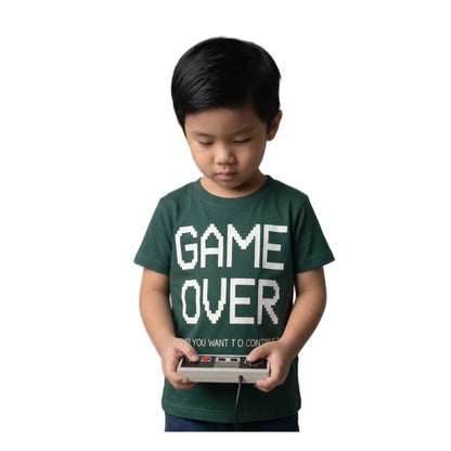 Boys Forest Green Game Over Pixel Graphic T-Shirt | Soft Cotton Crew Neck Gaming Tee for Kids