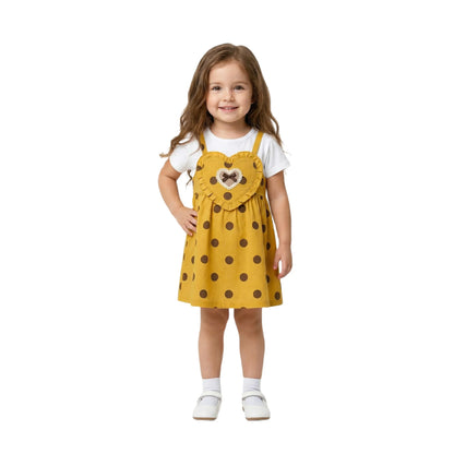 Half-Sleeve Girls Polka Dot Yellow Sundress with Sweetheart Accent 2-Piece Set