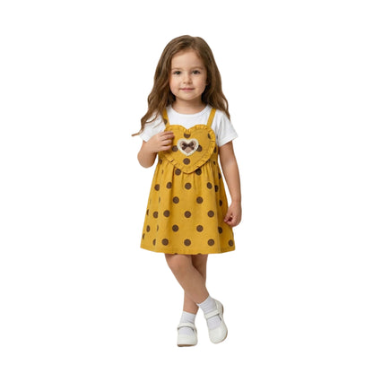 Half-Sleeve Girls Polka Dot Yellow Sundress with Sweetheart Accent 2-Piece Set