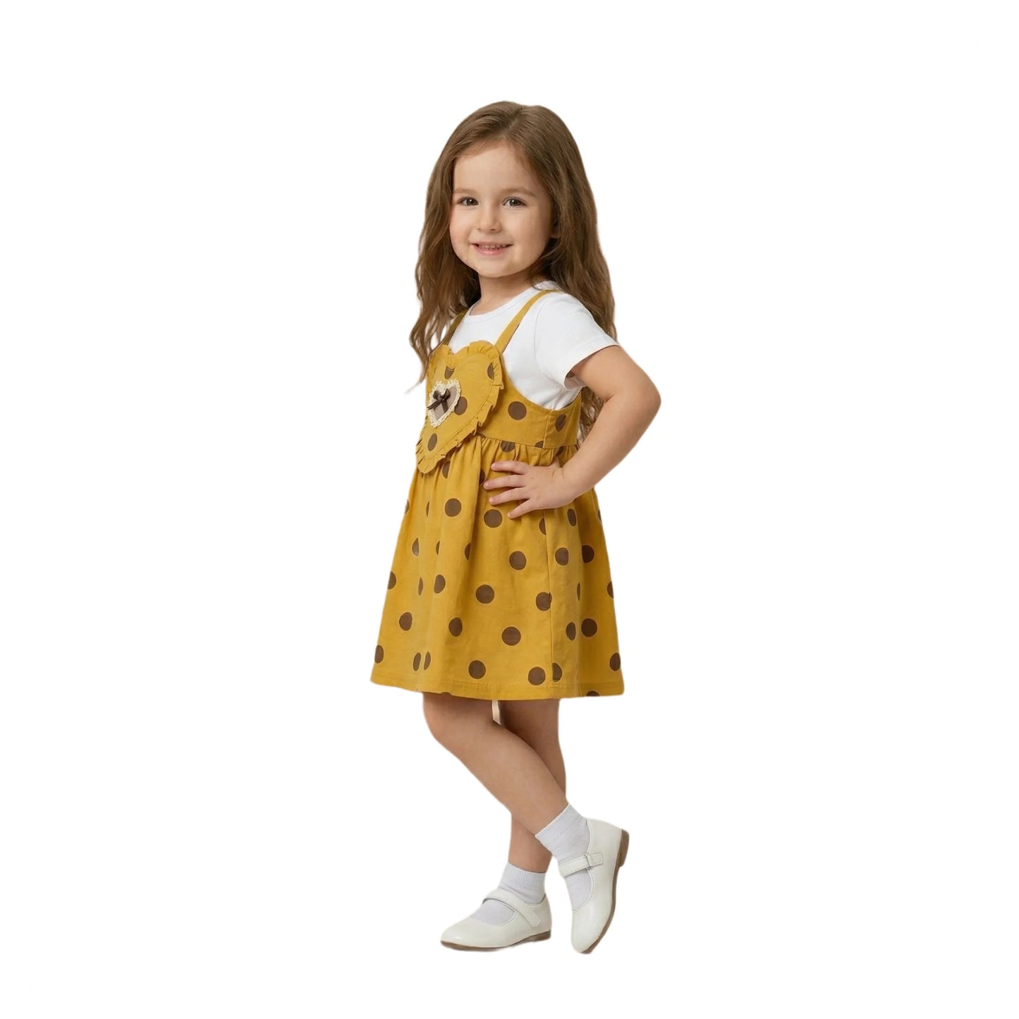 Half-Sleeve Girls Polka Dot Yellow Sundress with Sweetheart Accent 2-Piece Set