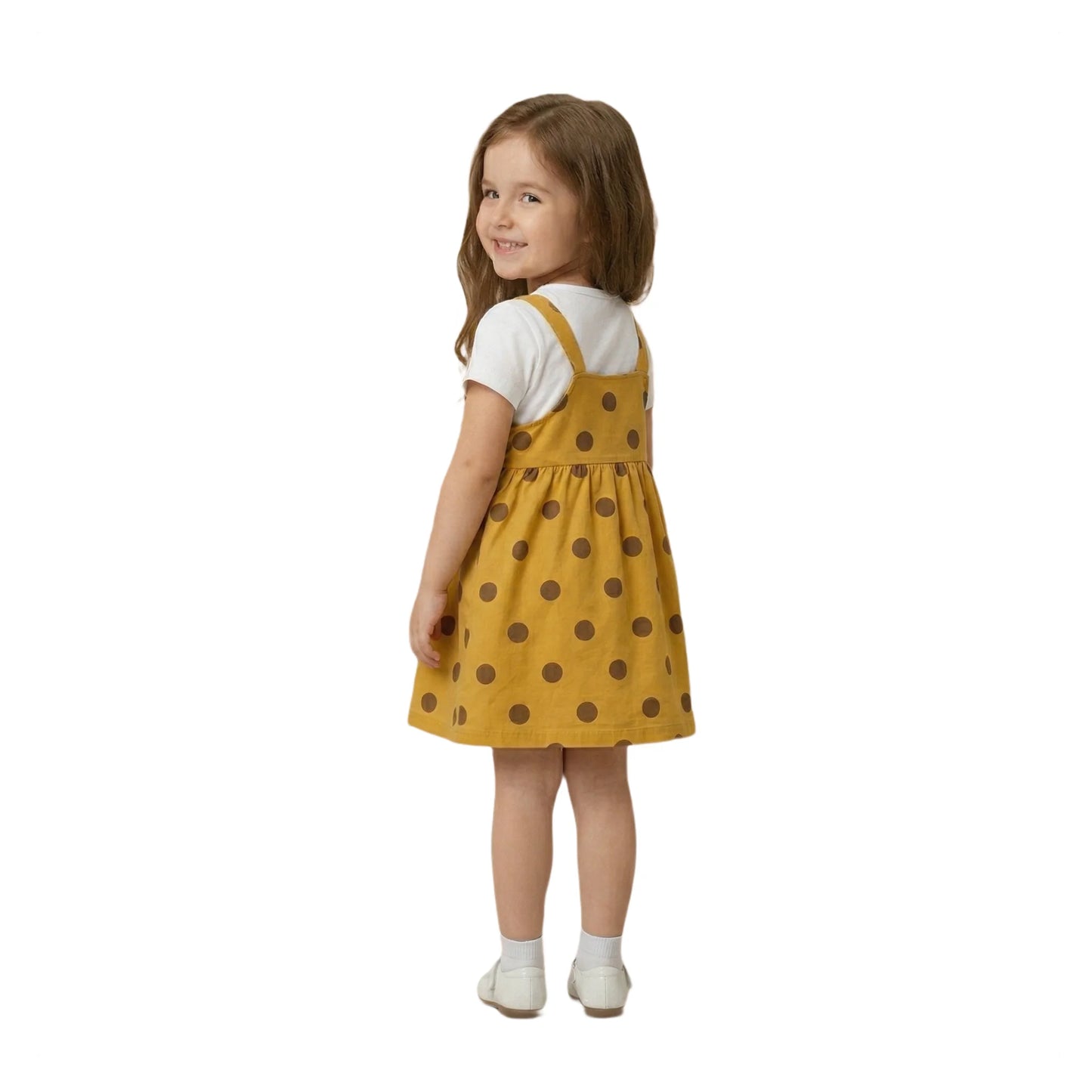 Half-Sleeve Girls Polka Dot Yellow Sundress with Sweetheart Accent 2-Piece Set