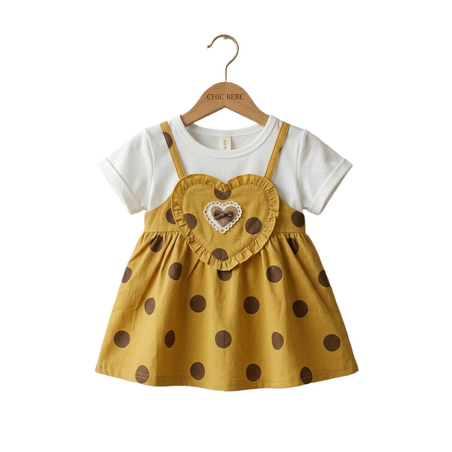 Half-Sleeve Girls Polka Dot Yellow Sundress with Sweetheart Accent 2-Piece Set