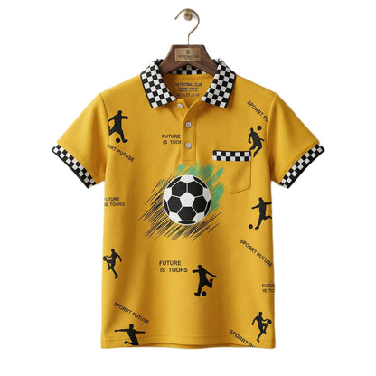 Boys Harvest Gold Football Graphic Polo Shirt | Soft Cotton Half Sleeve All-Over Print Sports Polo for Kids