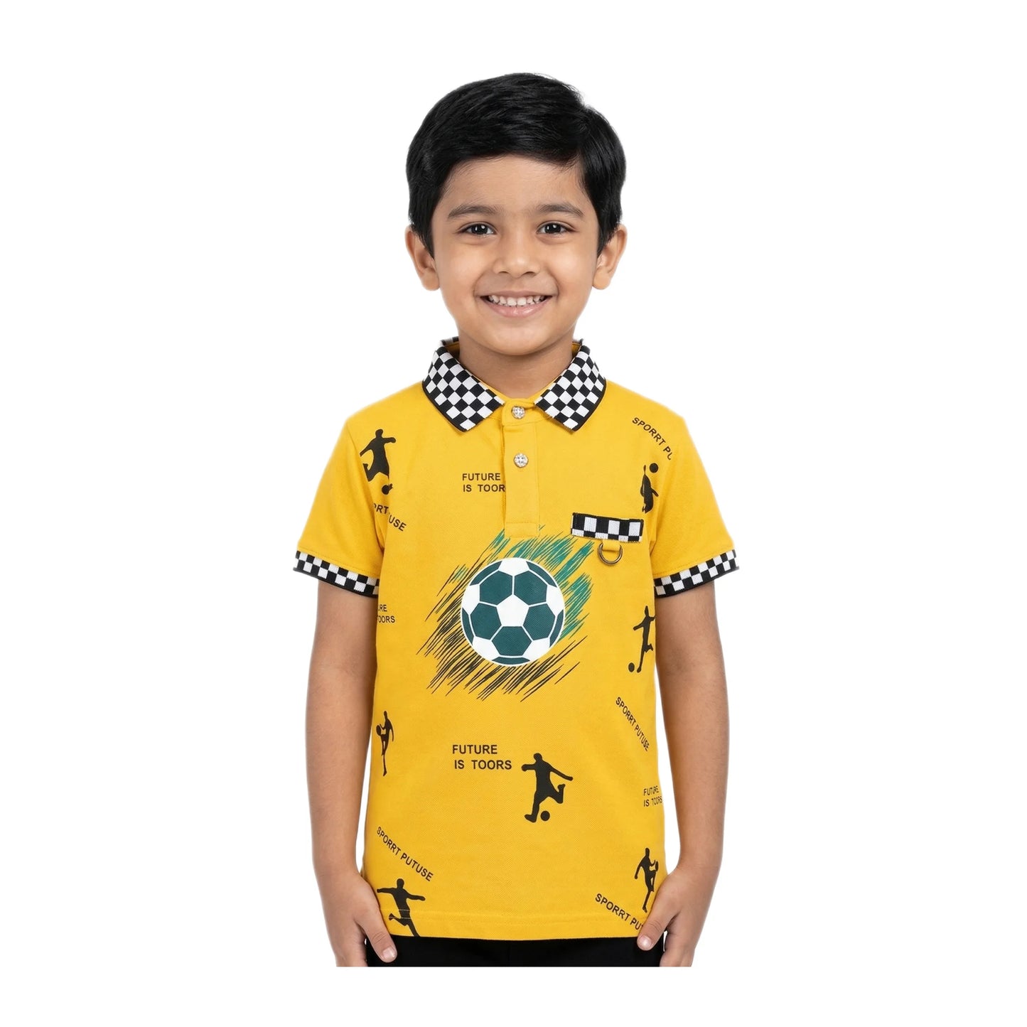 Boys Harvest Gold Football Graphic Polo Shirt | Soft Cotton Half Sleeve All-Over Print Sports Polo for Kids