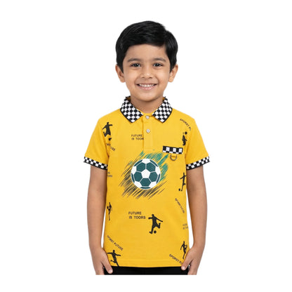 Boys Harvest Gold Football Graphic Polo Shirt | Soft Cotton Half Sleeve All-Over Print Sports Polo for Kids