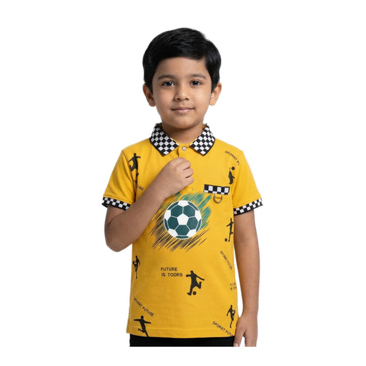 Boys Harvest Gold Football Graphic Polo Shirt | Soft Cotton Half Sleeve All-Over Print Sports Polo for Kids