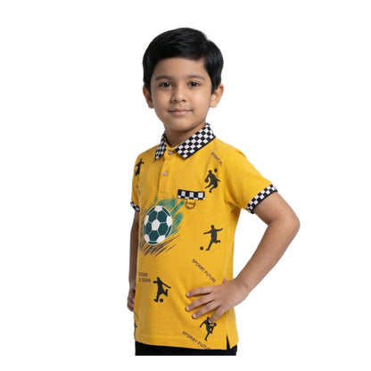 Boys Harvest Gold Football Graphic Polo Shirt | Soft Cotton Half Sleeve All-Over Print Sports Polo for Kids