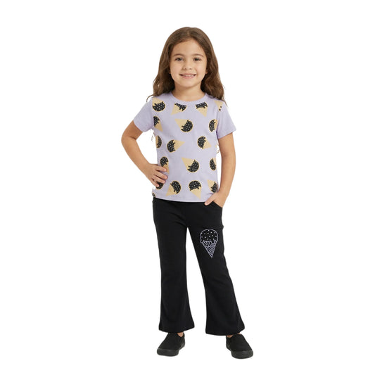 Half-Sleeve Lavender & Black Ice Cream Print 2-Piece Outfit