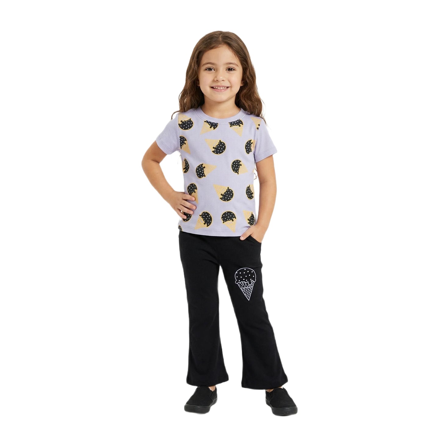 Half-Sleeve Lavender & Black Ice Cream Print 2-Piece Outfit