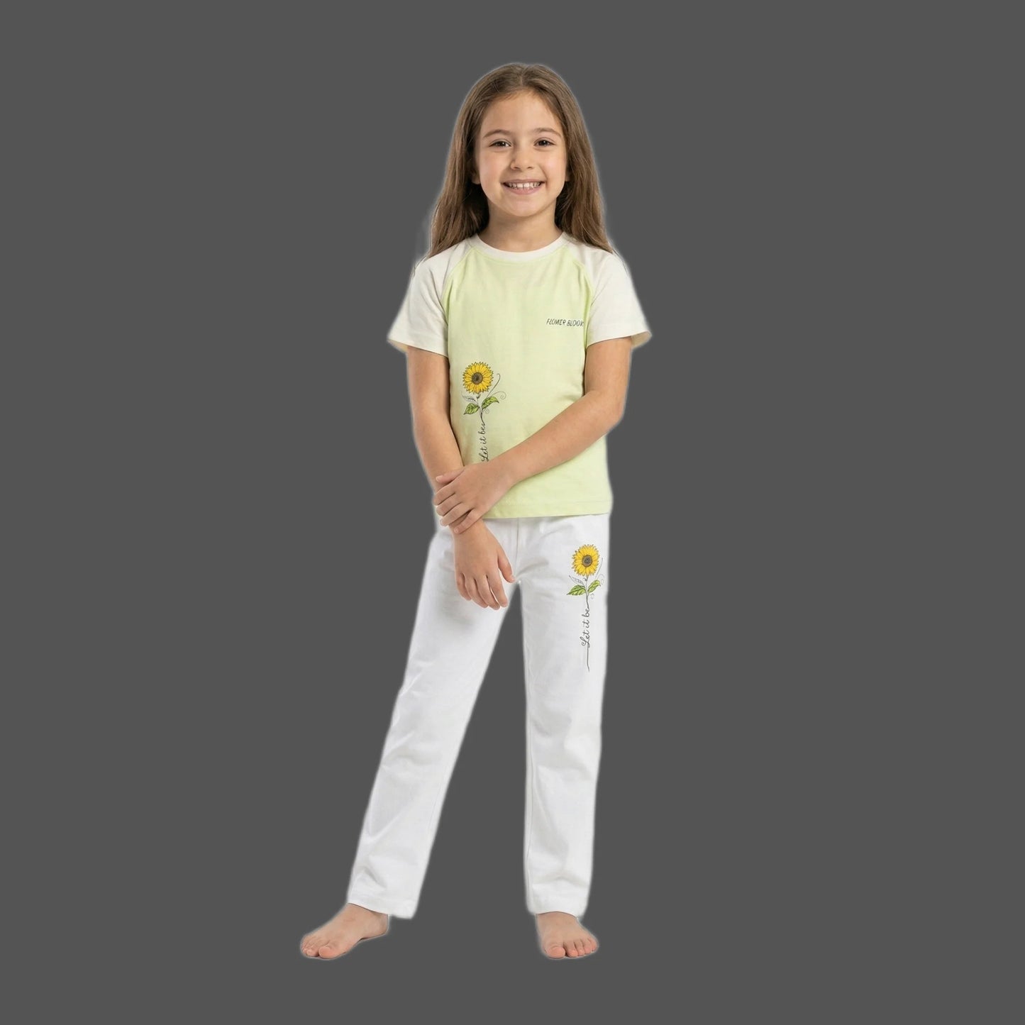 Half-Sleeve Light Pistachio Sunflower Graphics Shirt & White Trousers 2-Piece Outfit