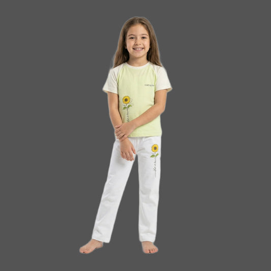 Half-Sleeve Light Pistachio Sunflower Graphics Shirt & White Trousers 2-Piece Outfit