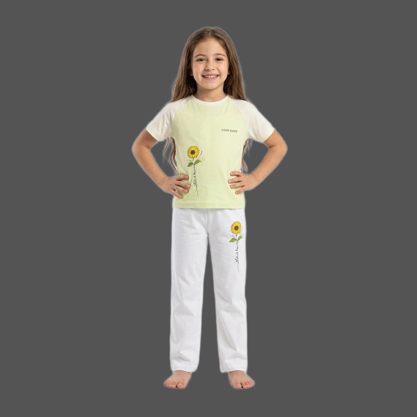 Half-Sleeve Light Pistachio Sunflower Graphics Shirt & White Trousers 2-Piece Outfit