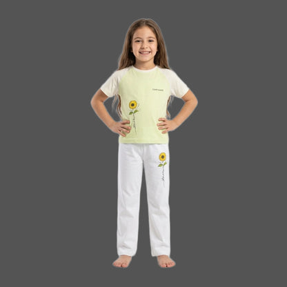 Half-Sleeve Light Pistachio Sunflower Graphics Shirt & White Trousers 2-Piece Outfit