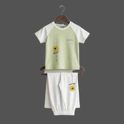 Half-Sleeve Light Pistachio Sunflower Graphics Shirt & White Trousers 2-Piece Outfit