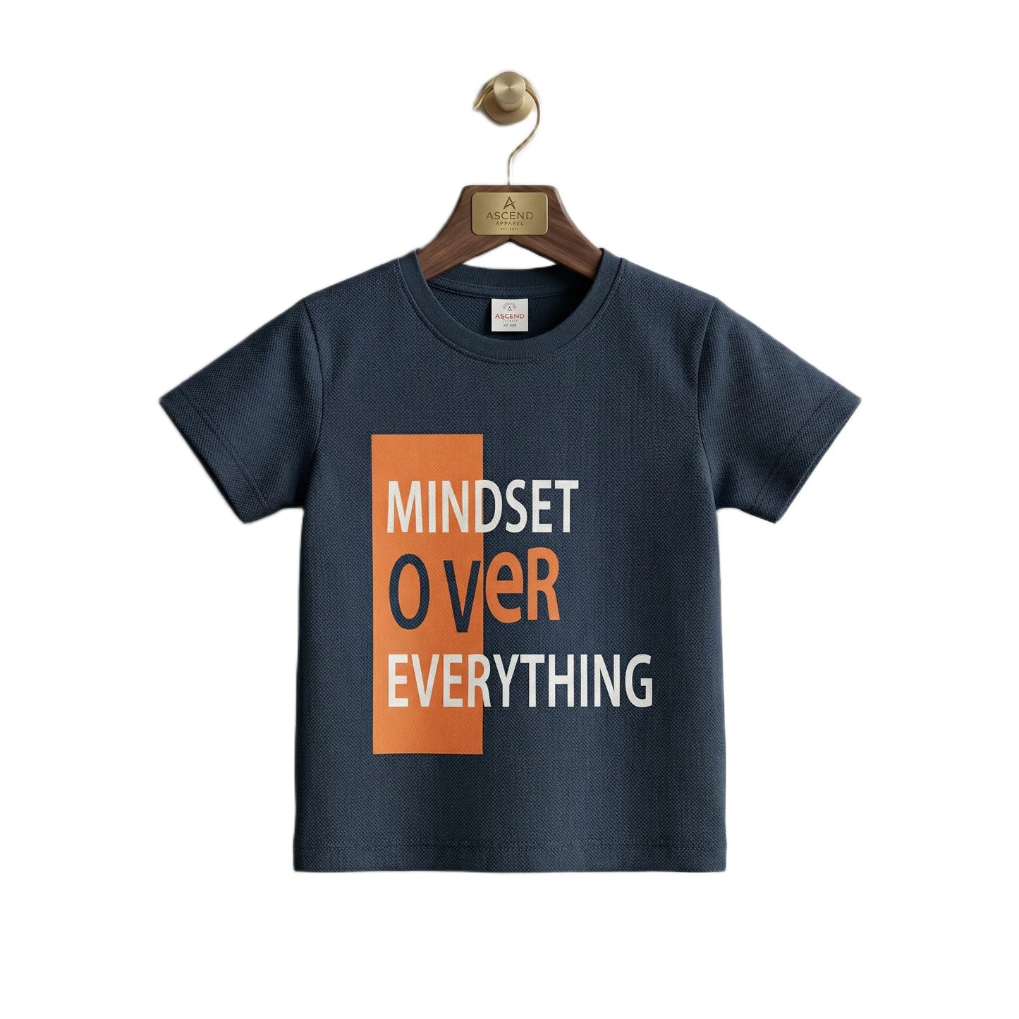 Boys Steel Blue Mindset Over Everything Slogan Graphic T-Shirt | Soft Cotton Crew Neck Motivational Tee for Kids