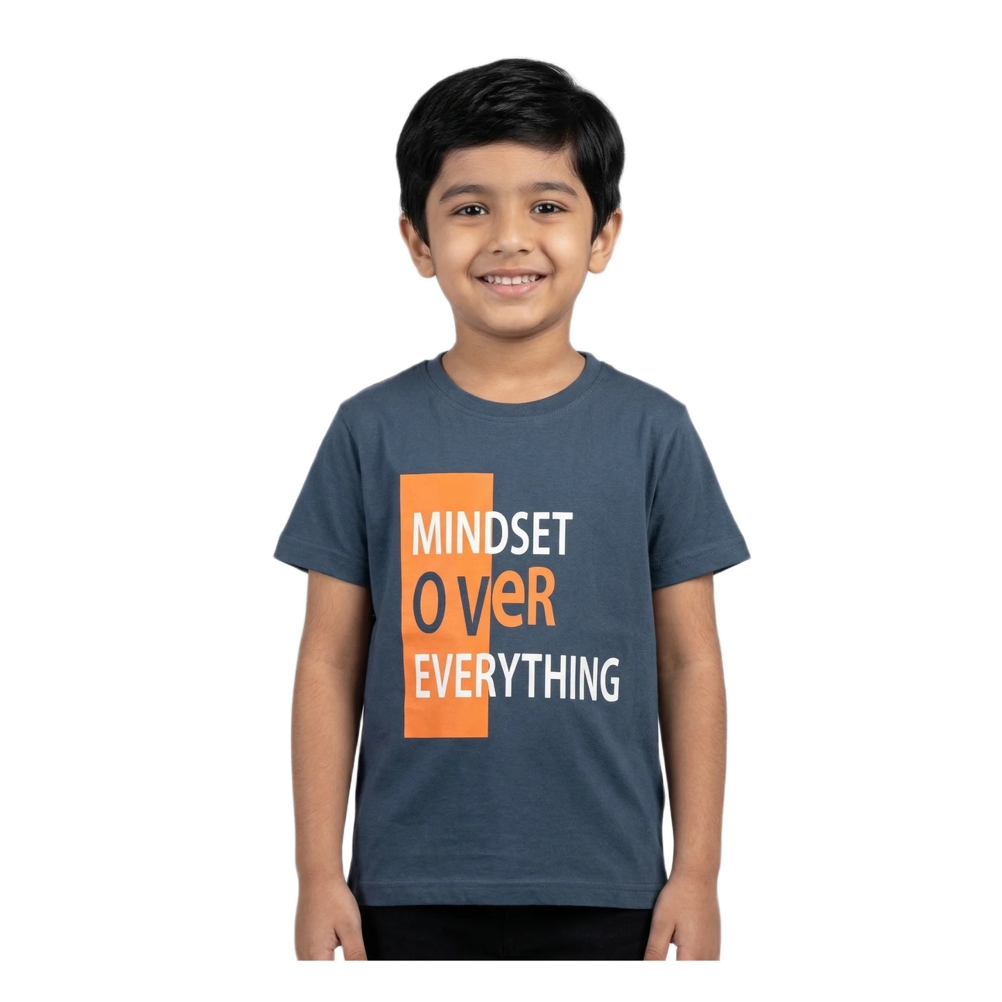 Boys Steel Blue Mindset Over Everything Slogan Graphic T-Shirt | Soft Cotton Crew Neck Motivational Tee for Kids