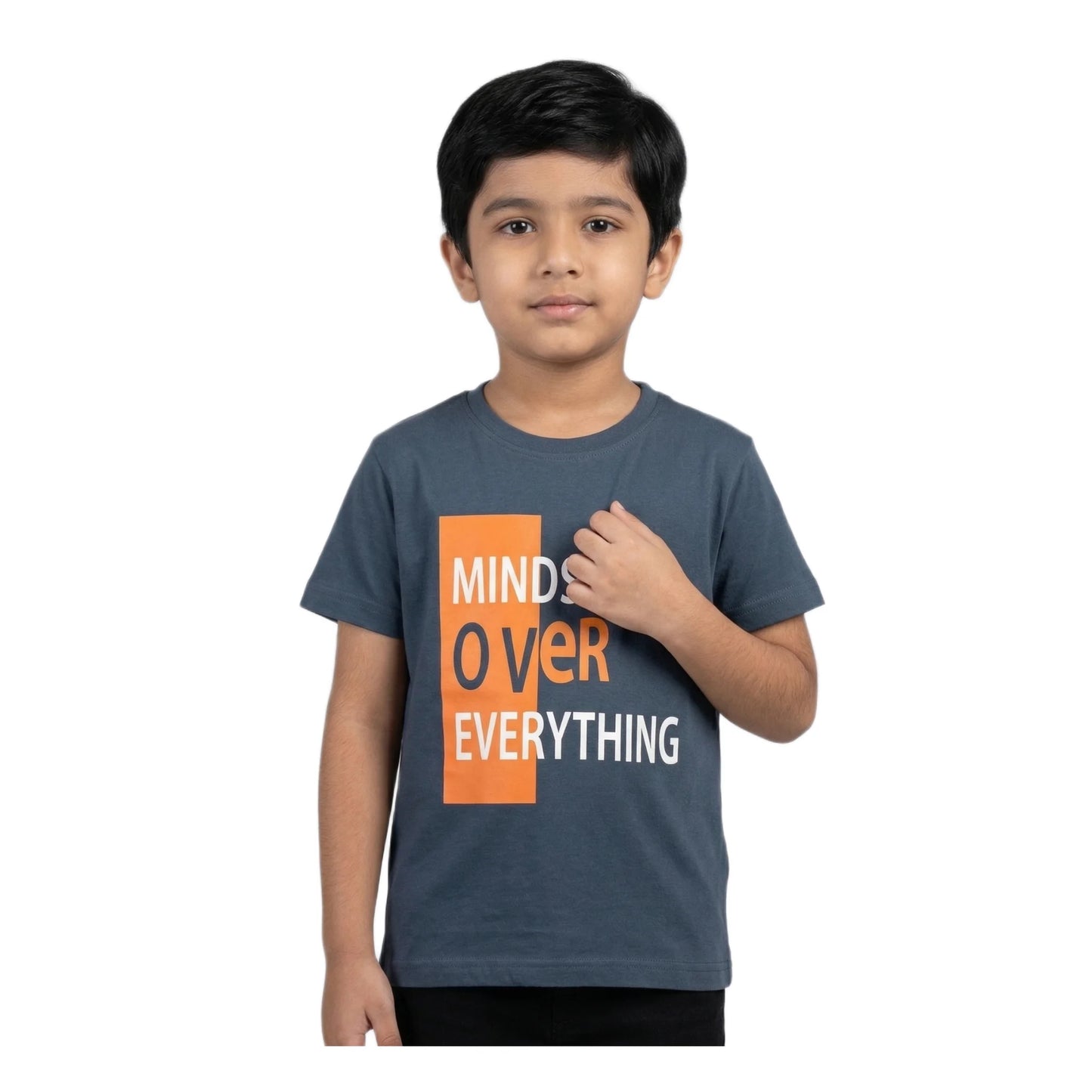 Boys Steel Blue Mindset Over Everything Slogan Graphic T-Shirt | Soft Cotton Crew Neck Motivational Tee for Kids