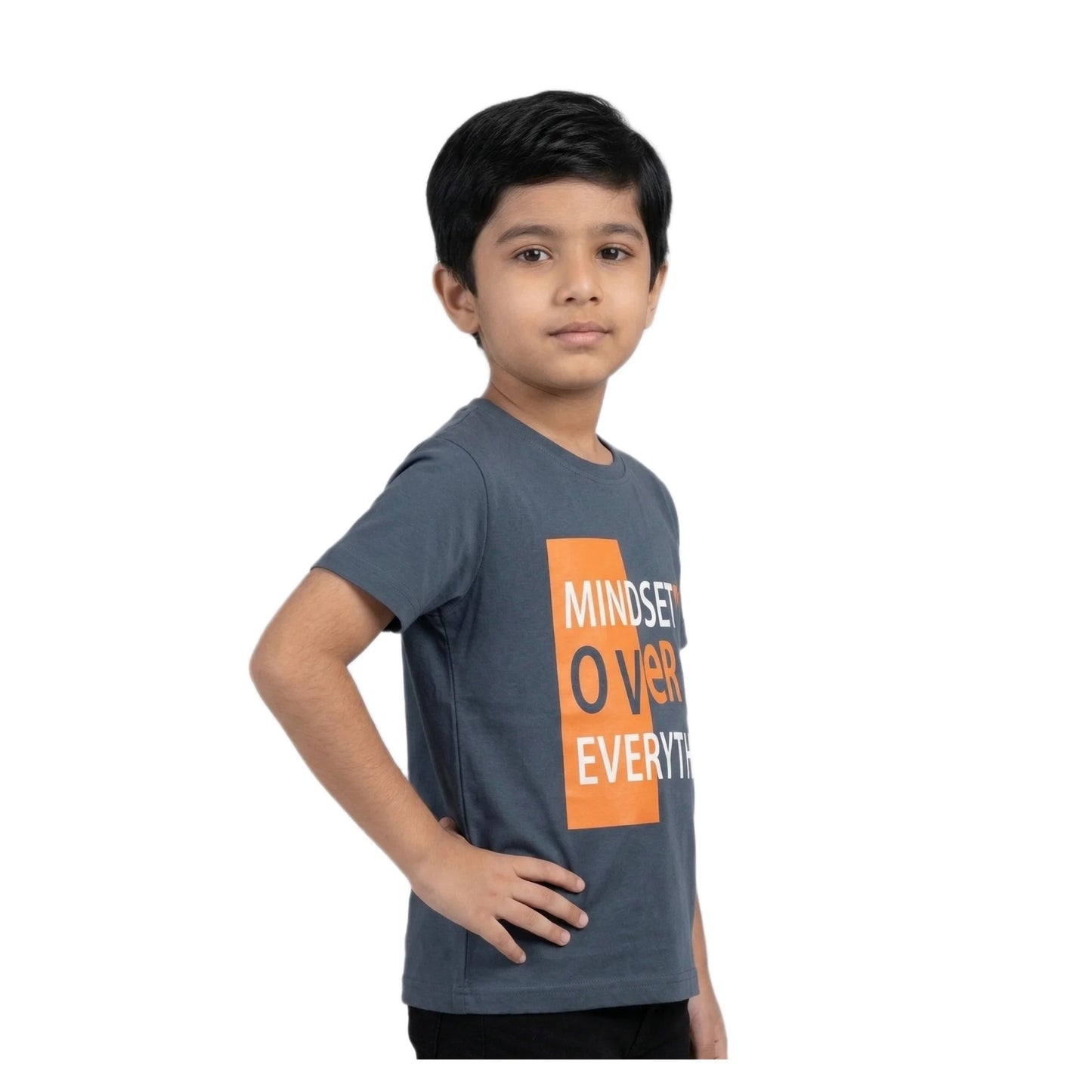 Boys Steel Blue Mindset Over Everything Slogan Graphic T-Shirt | Soft Cotton Crew Neck Motivational Tee for Kids