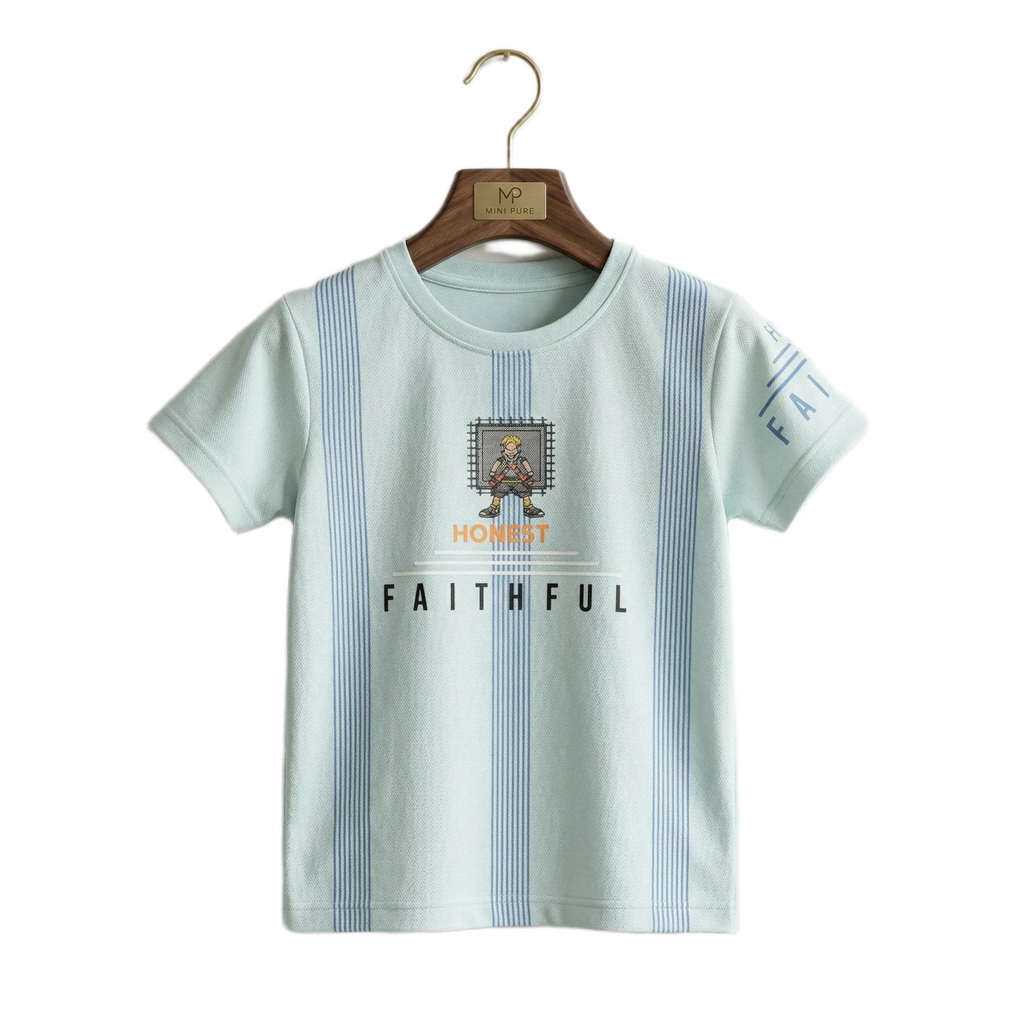 Boys Mint Blue Striped Honest Faithful Character Graphic T-Shirt | Soft Cotton Crew Neck Casual Tee for Kids