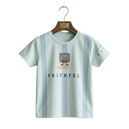 Boys Mint Blue Striped Honest Faithful Character Graphic T-Shirt | Soft Cotton Crew Neck Casual Tee for Kids