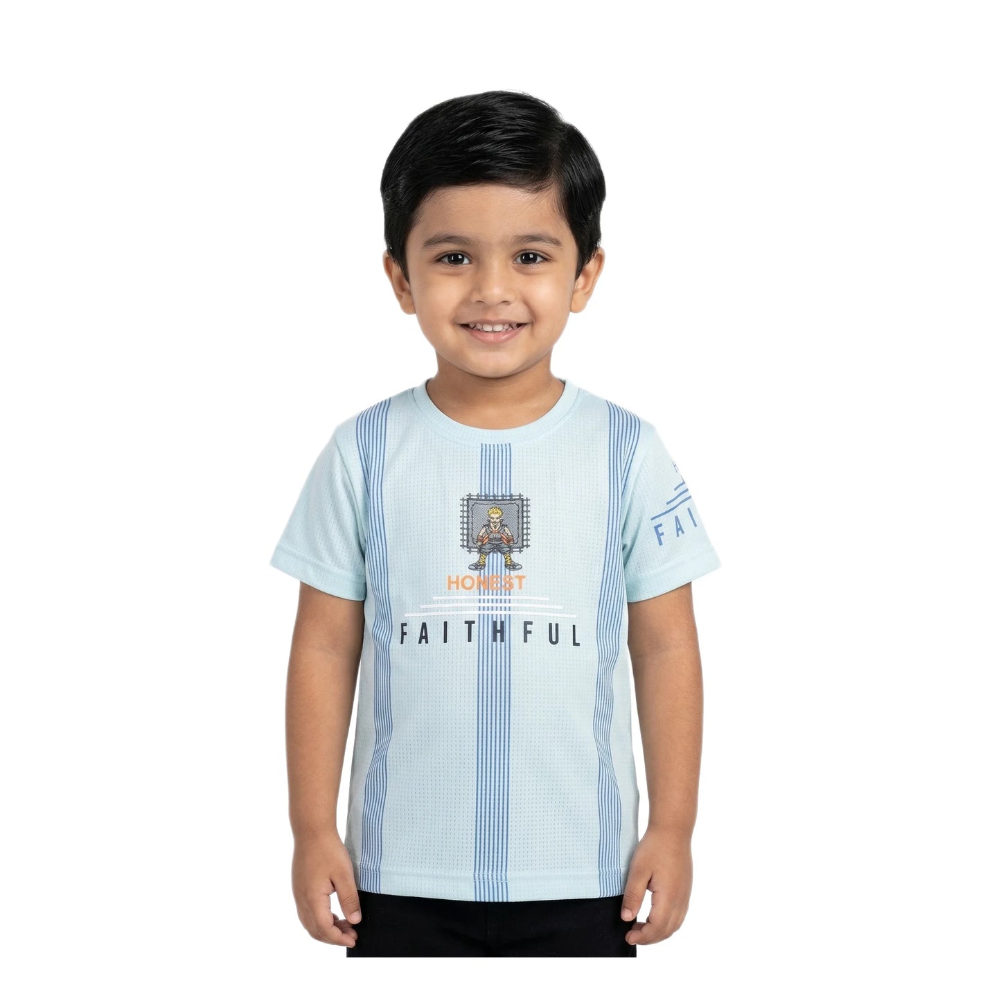 Boys Mint Blue Striped Honest Faithful Character Graphic T-Shirt | Soft Cotton Crew Neck Casual Tee for Kids