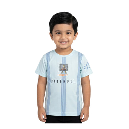 Boys Mint Blue Striped Honest Faithful Character Graphic T-Shirt | Soft Cotton Crew Neck Casual Tee for Kids