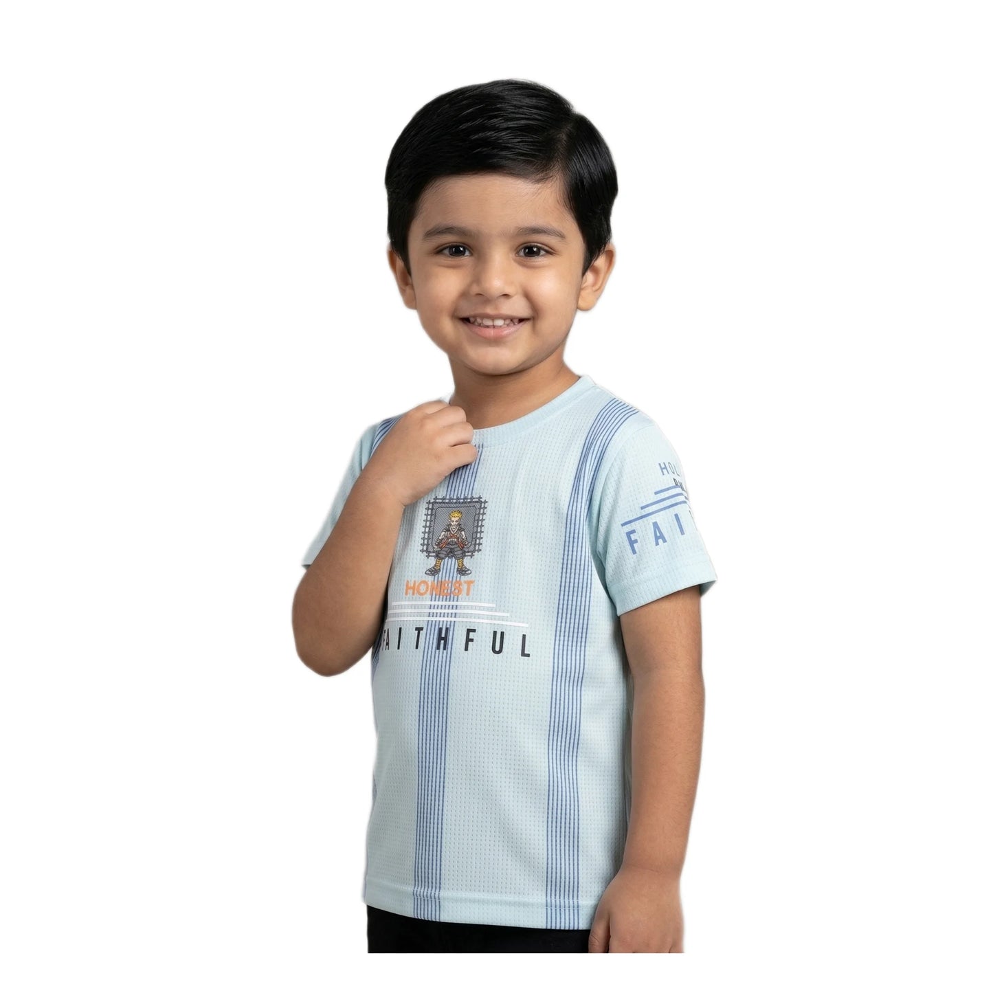 Boys Mint Blue Striped Honest Faithful Character Graphic T-Shirt | Soft Cotton Crew Neck Casual Tee for Kids