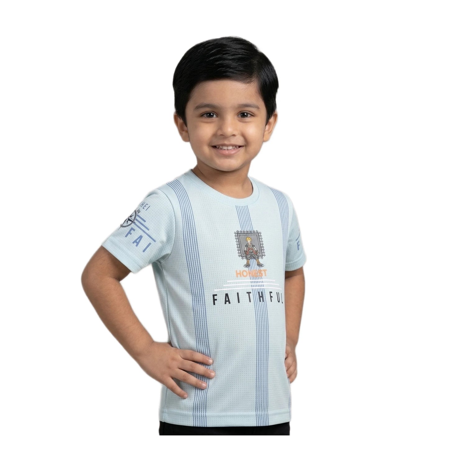 Boys Mint Blue Striped Honest Faithful Character Graphic T-Shirt | Soft Cotton Crew Neck Casual Tee for Kids