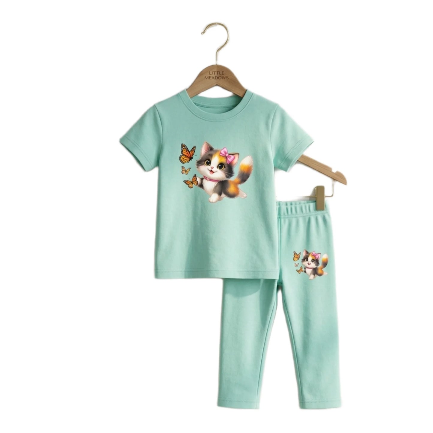 Half-Sleeve Mint Green Kitten & Butterfly 2-Piece Outfit
