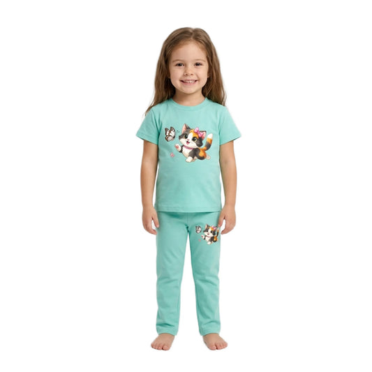 Half-Sleeve Mint Green Kitten & Butterfly 2-Piece Outfit