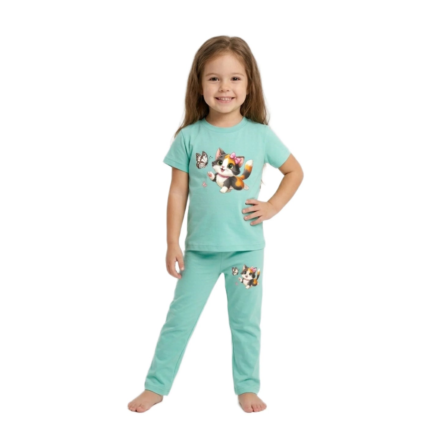 Half-Sleeve Mint Green Kitten & Butterfly 2-Piece Outfit