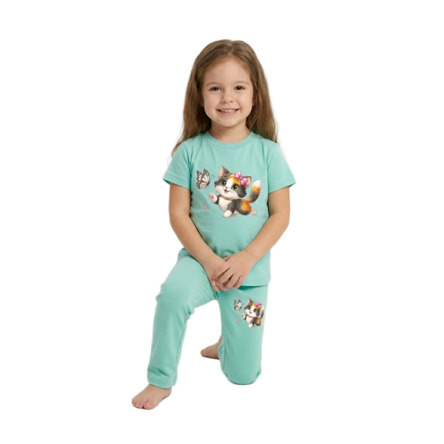 Half-Sleeve Mint Green Kitten & Butterfly 2-Piece Outfit