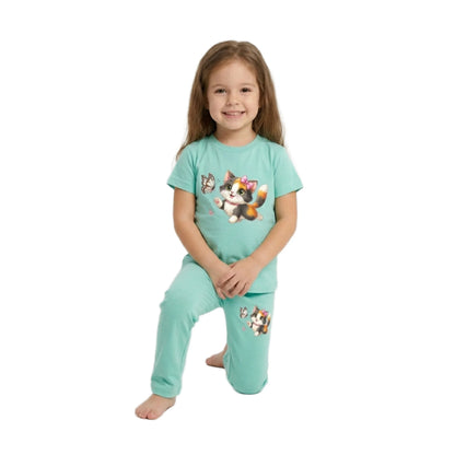 Half-Sleeve Mint Green Kitten & Butterfly 2-Piece Outfit