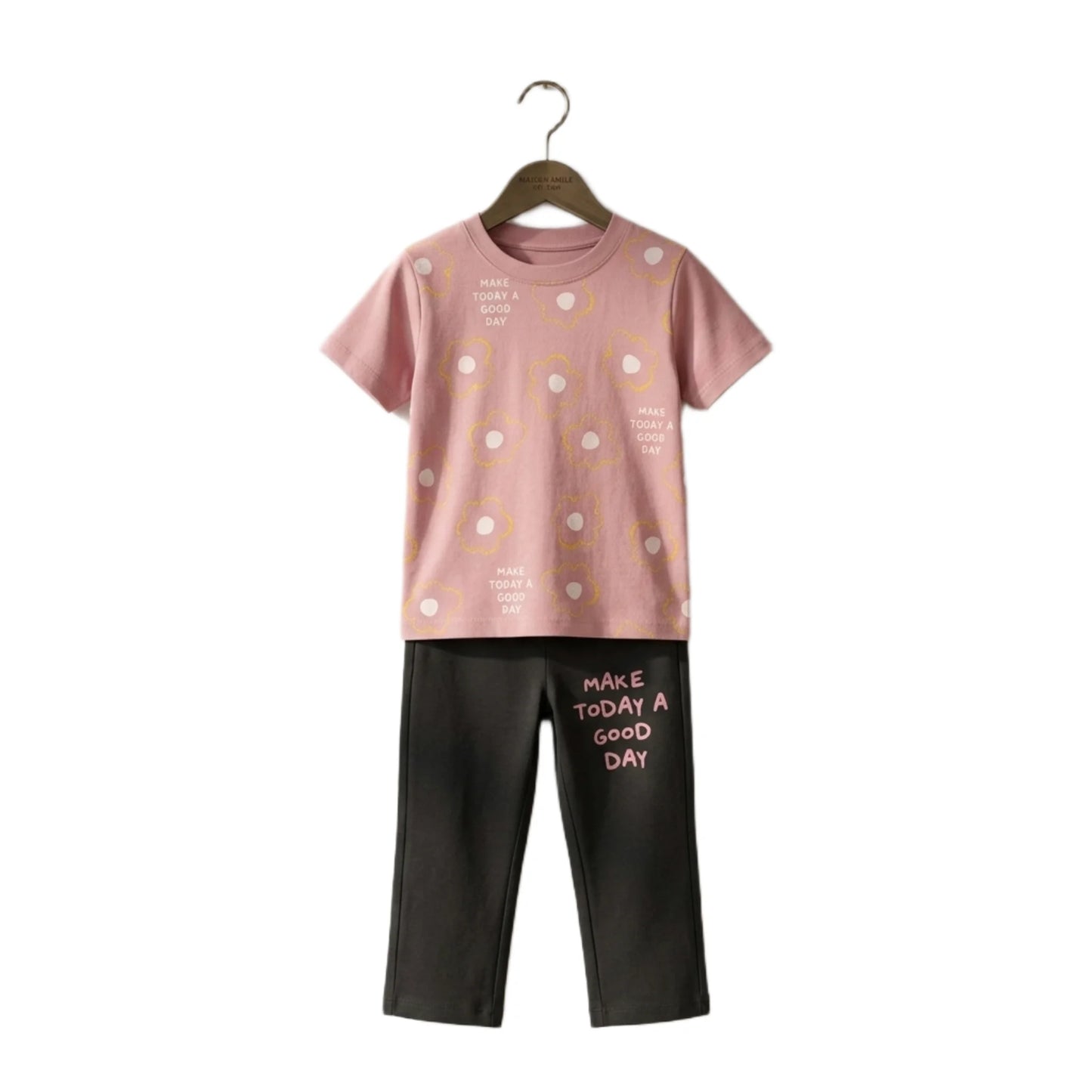 Half-Sleeve Muted Pink "Make Today a Good Day" Floral Tee & Black Trousers 2-Piece Set
