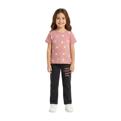 Half-Sleeve Muted Pink "Make Today a Good Day" Floral Tee & Black Trousers 2-Piece Set