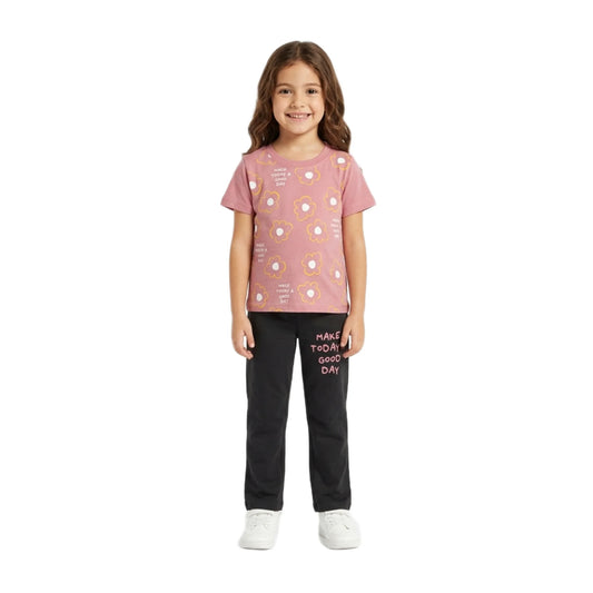 Half-Sleeve Muted Pink "Make Today a Good Day" Floral Tee & Black Trousers 2-Piece Set