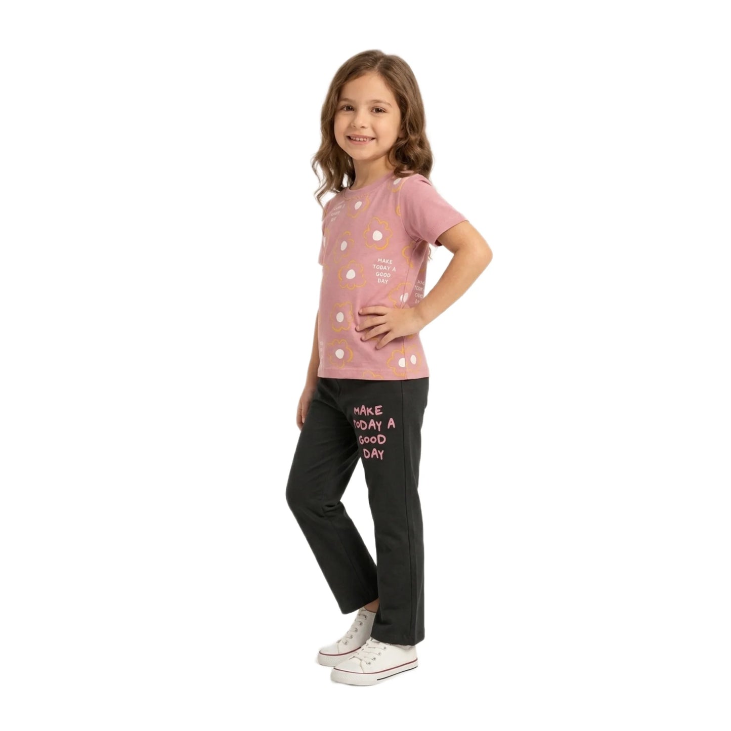 Half-Sleeve Muted Pink "Make Today a Good Day" Floral Tee & Black Trousers 2-Piece Set