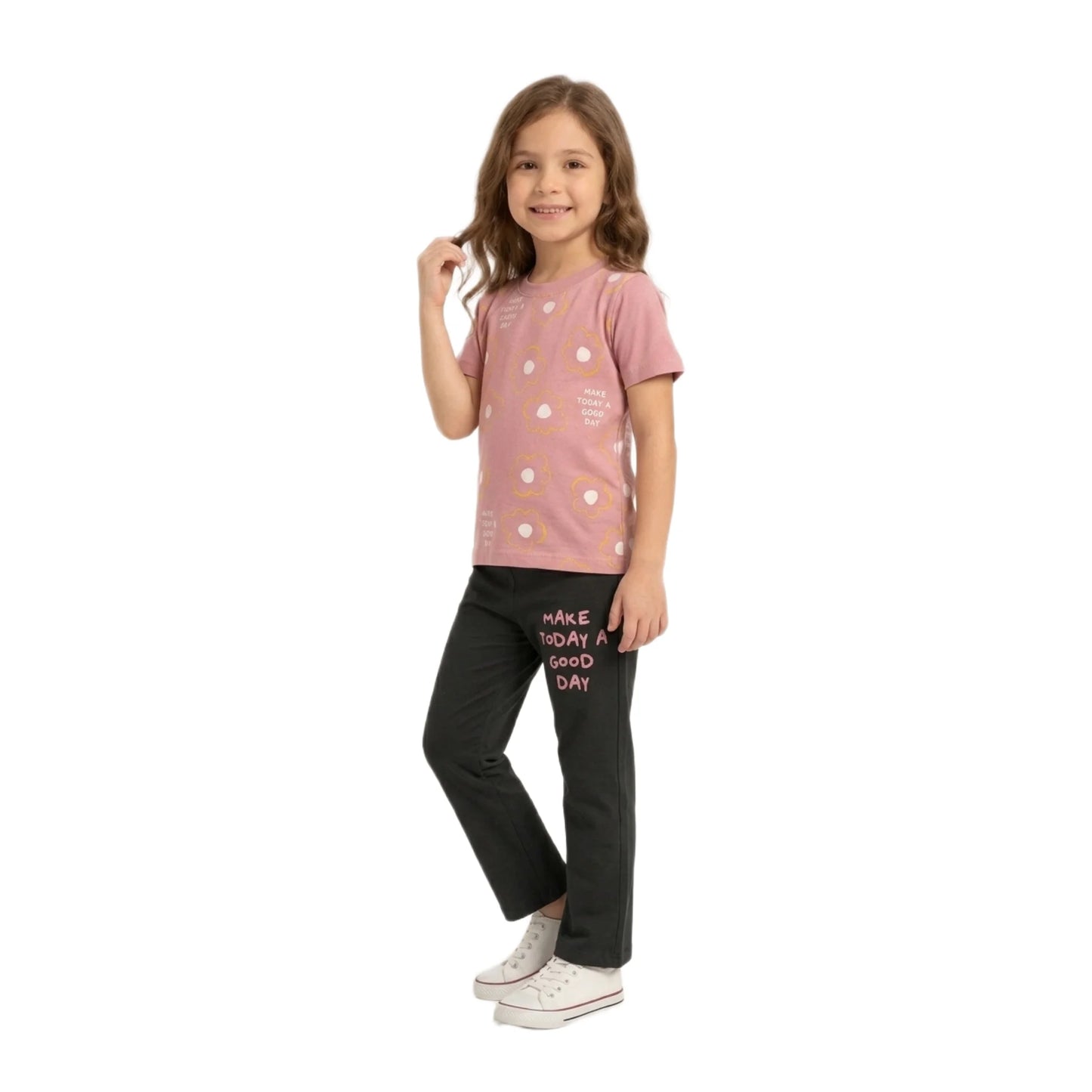 Half-Sleeve Muted Pink "Make Today a Good Day" Floral Tee & Black Trousers 2-Piece Set