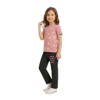 Half-Sleeve Muted Pink "Make Today a Good Day" Floral Tee & Black Trousers 2-Piece Set